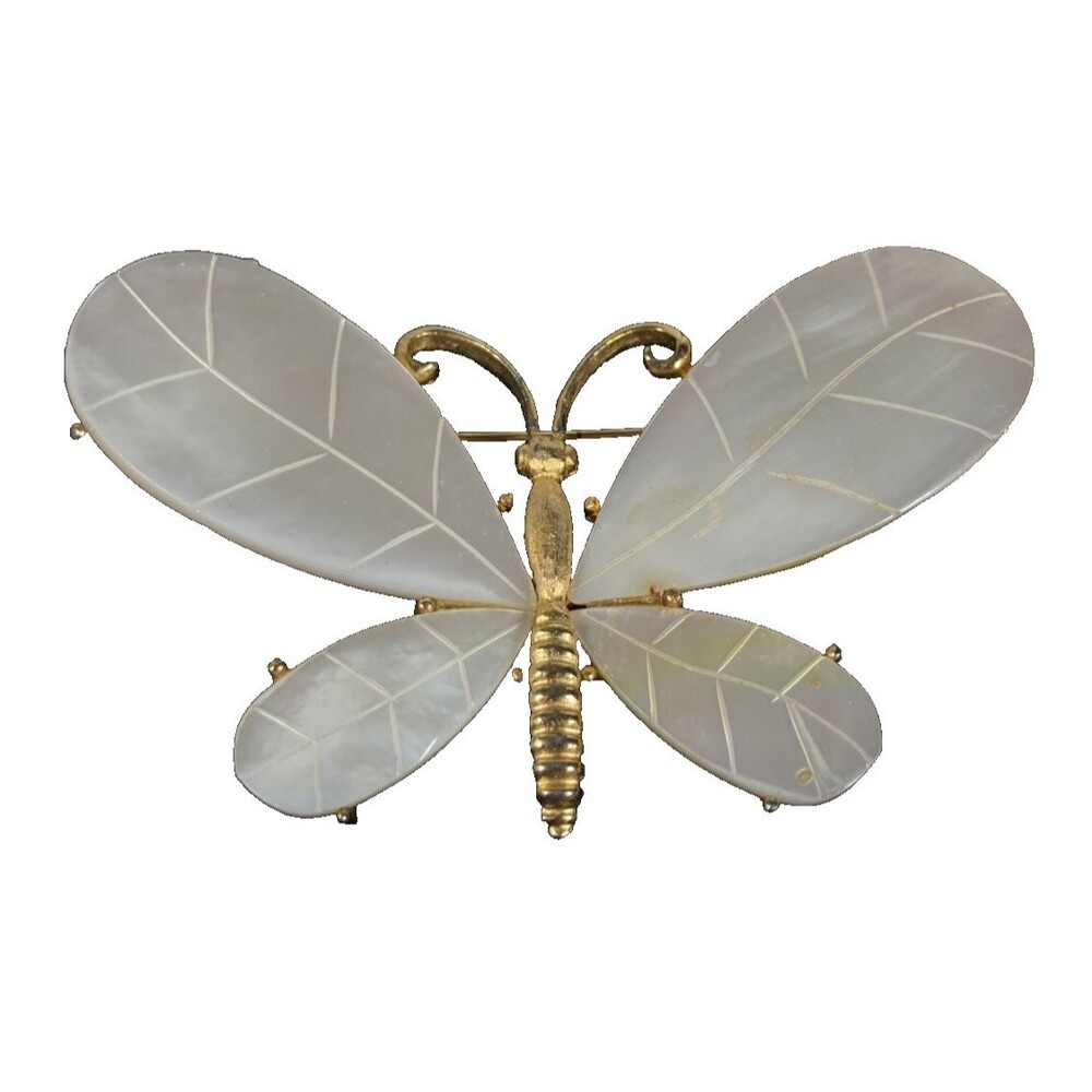 Vintage Butterfly Brooch Mother Of Pearl / Blister Pearl Gold Tone  Pin Htf
